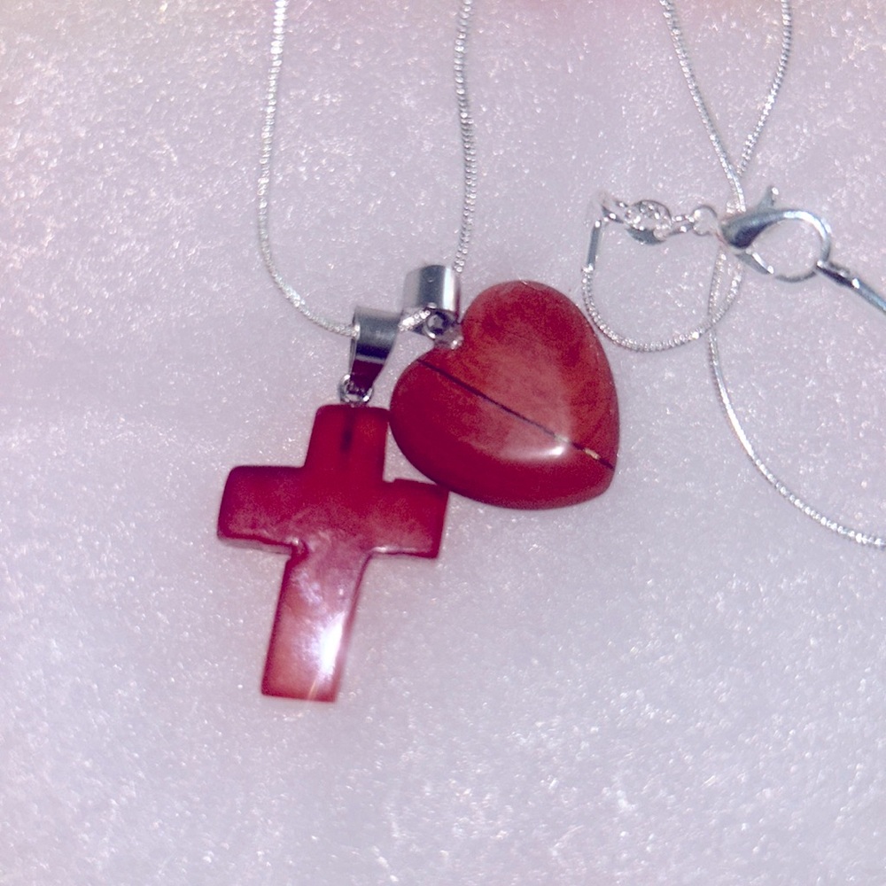 Boho Carnelian Agate Cross and Red Jasper Heart Sterling Silver 16” Neckl…